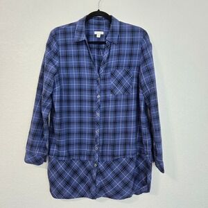 J Jill Blue Plaid Button Down Shirt Tunic Long Sleeve Flannel‎ Womens M